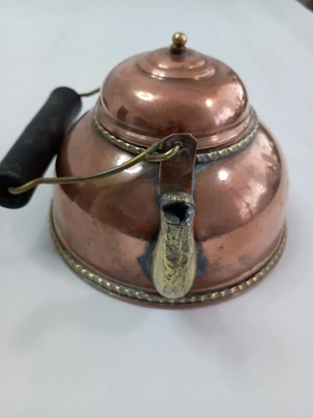 Vintage Handcrafted Rustic Teapot with Brass Accents and Black Handle